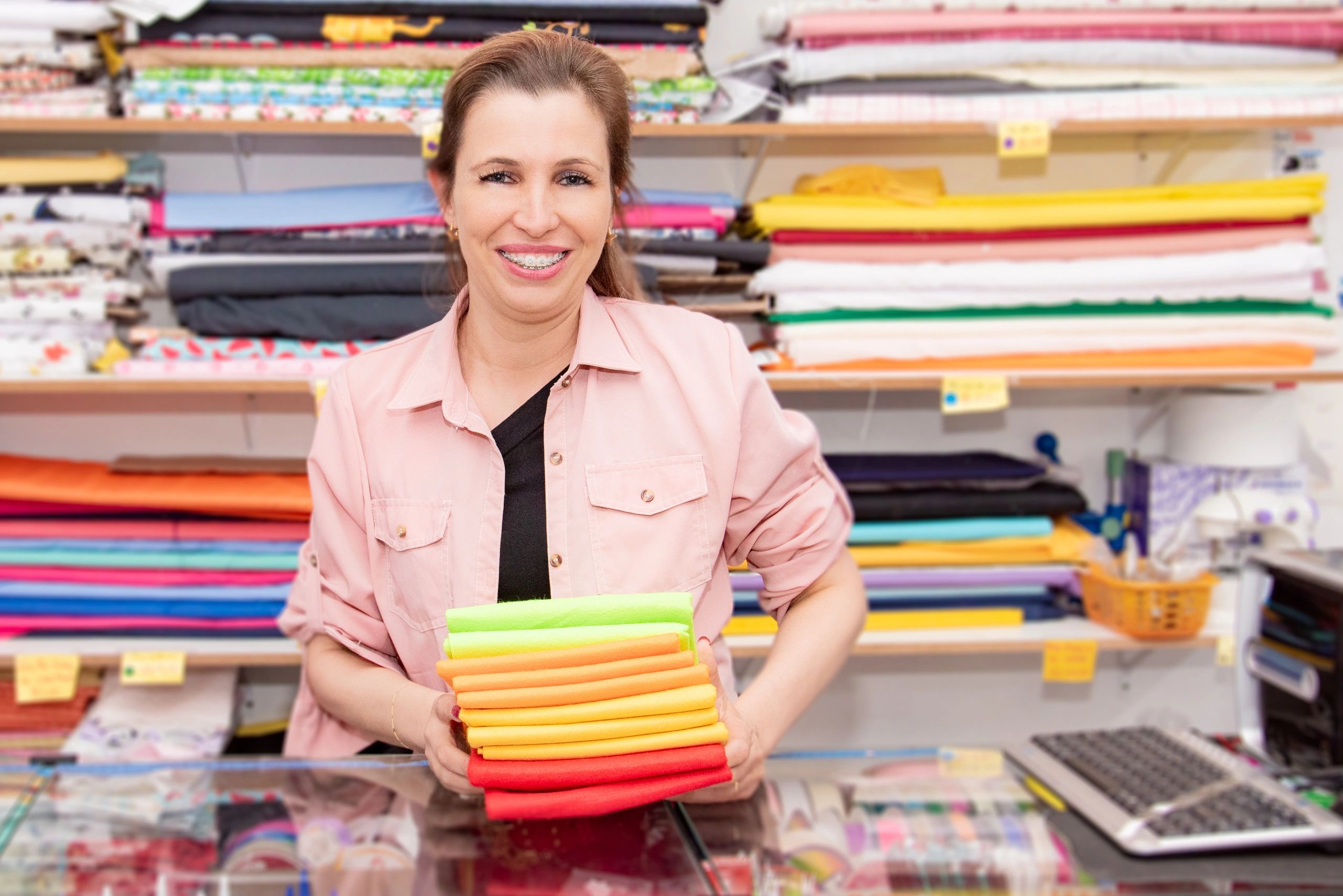 happy customer with fabrics